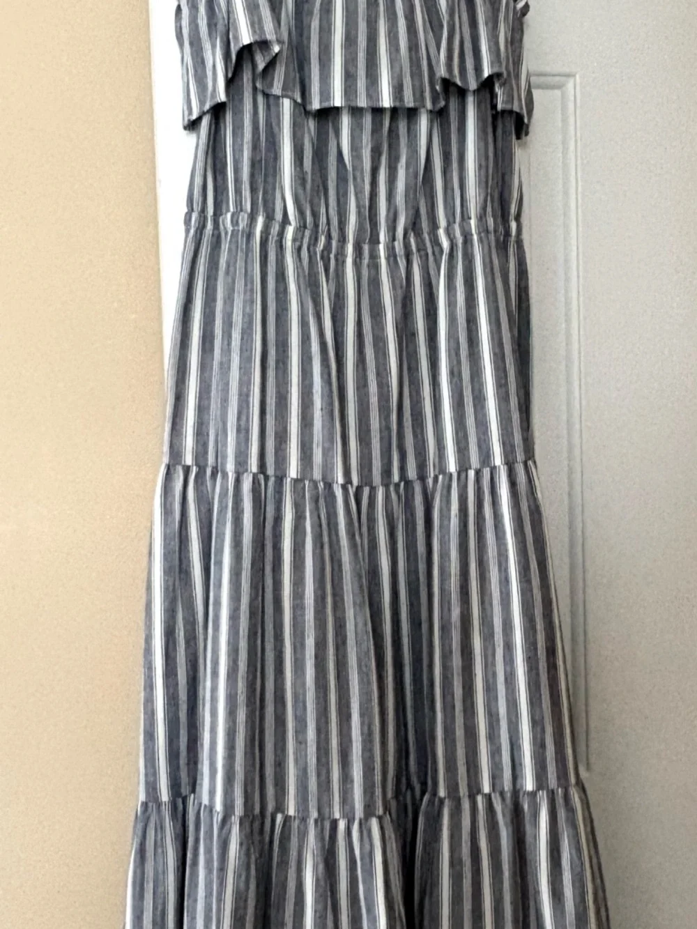 Michael Kors Gray and White Striped Tiered Maxi Skirt